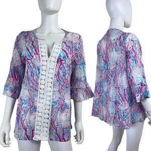 Casey Key Women Size XL Petite Embroidered Sheer Blouse Cover Up Cotton Tunic